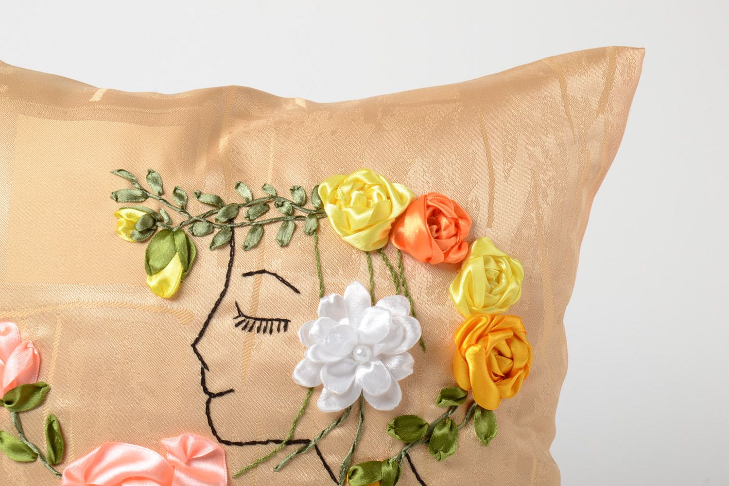 Beautiful handmade pillow case with volume flowers embroidered with satin ribbons photo 4