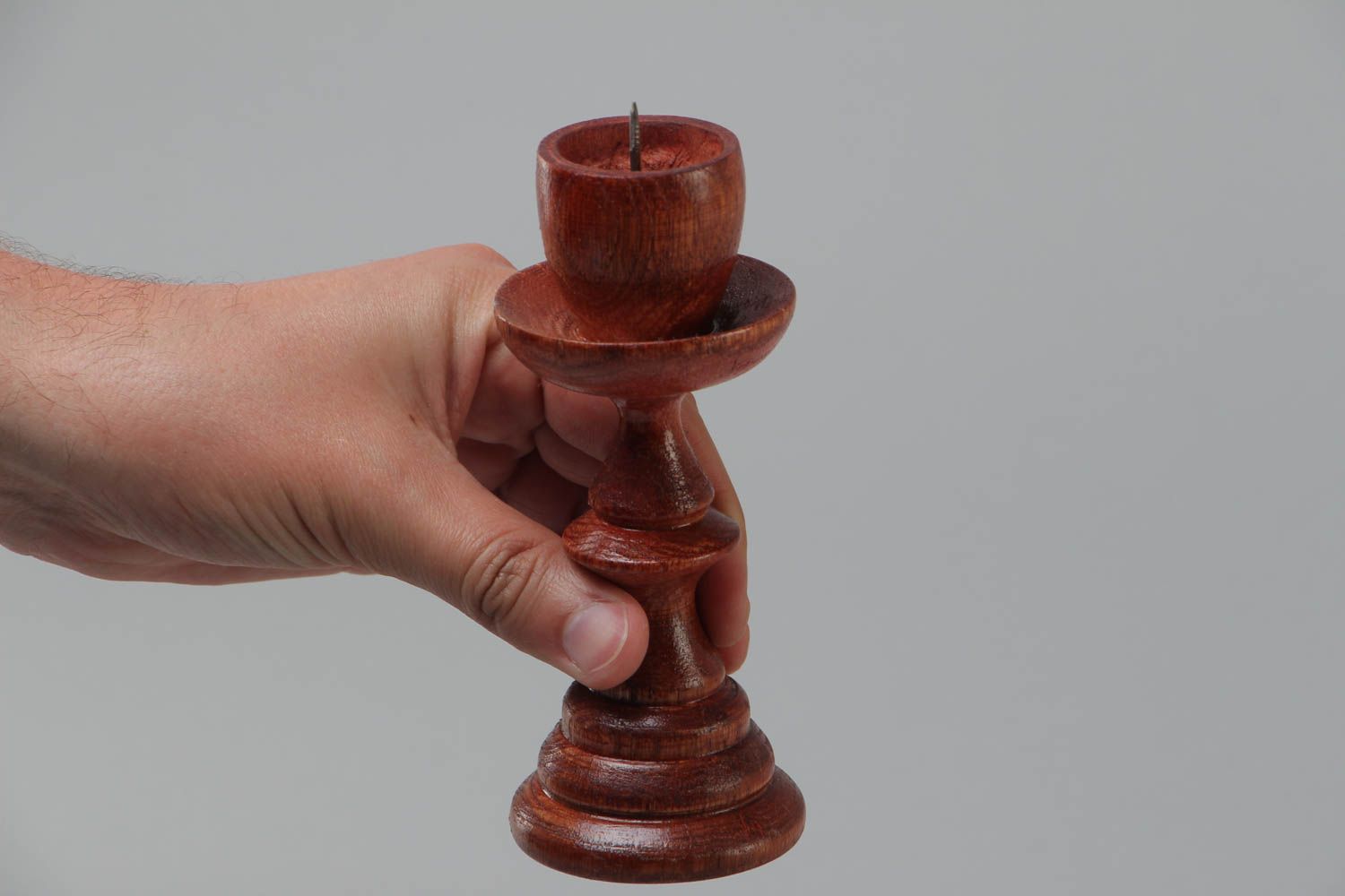 Wooden handmade brown candlestick for one candle covered with wood stain photo 5