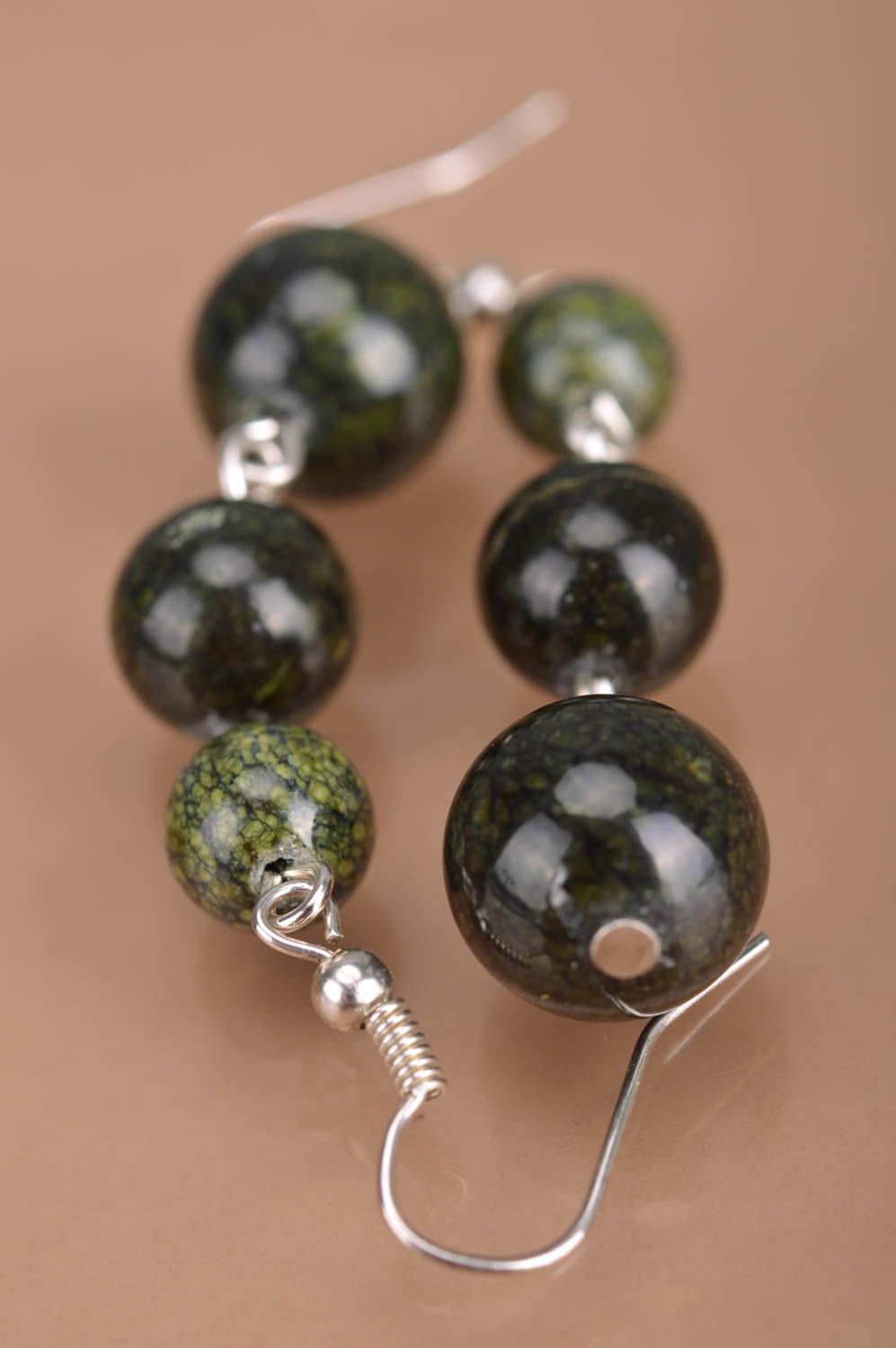 Handmade designer long dangle earrings with dark green glass beads for women photo 5