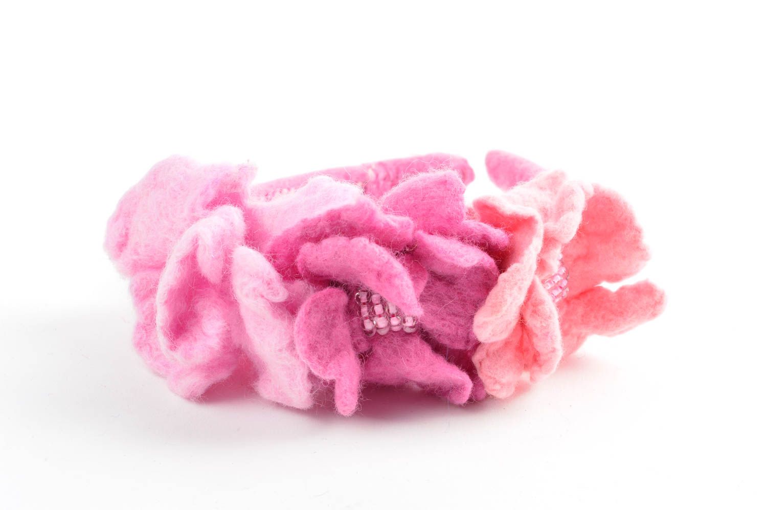 Serre-tête fleurs roses Bijou fait main laine et plastique Accessoire cheveux photo 1