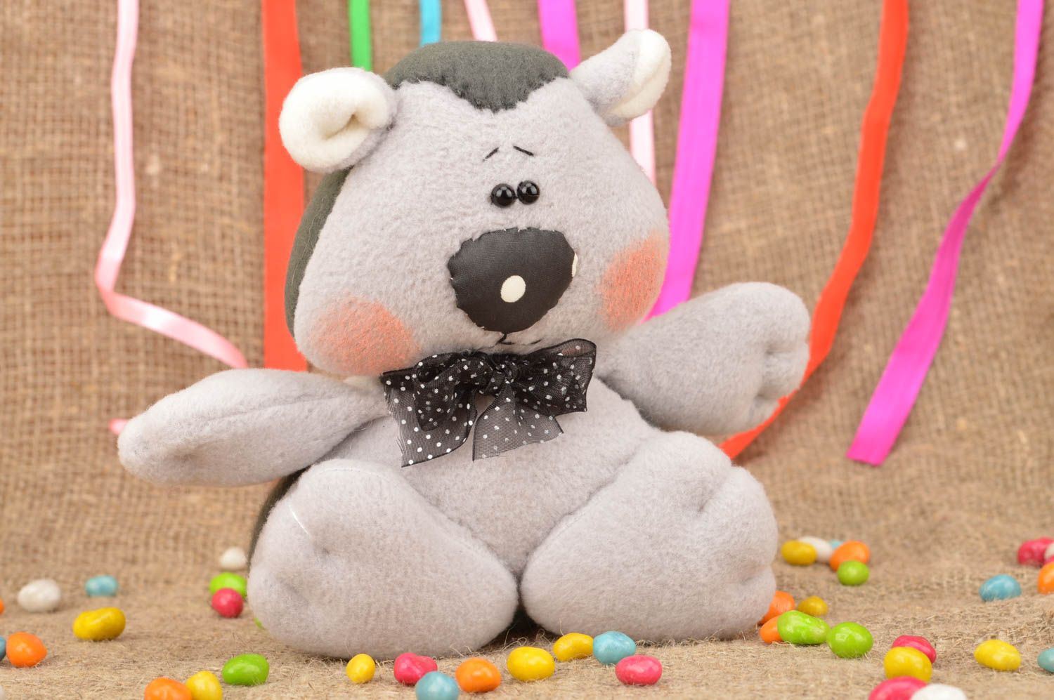 Handmade light gray fabric soft toy bear with organza polka dot bow  photo 1