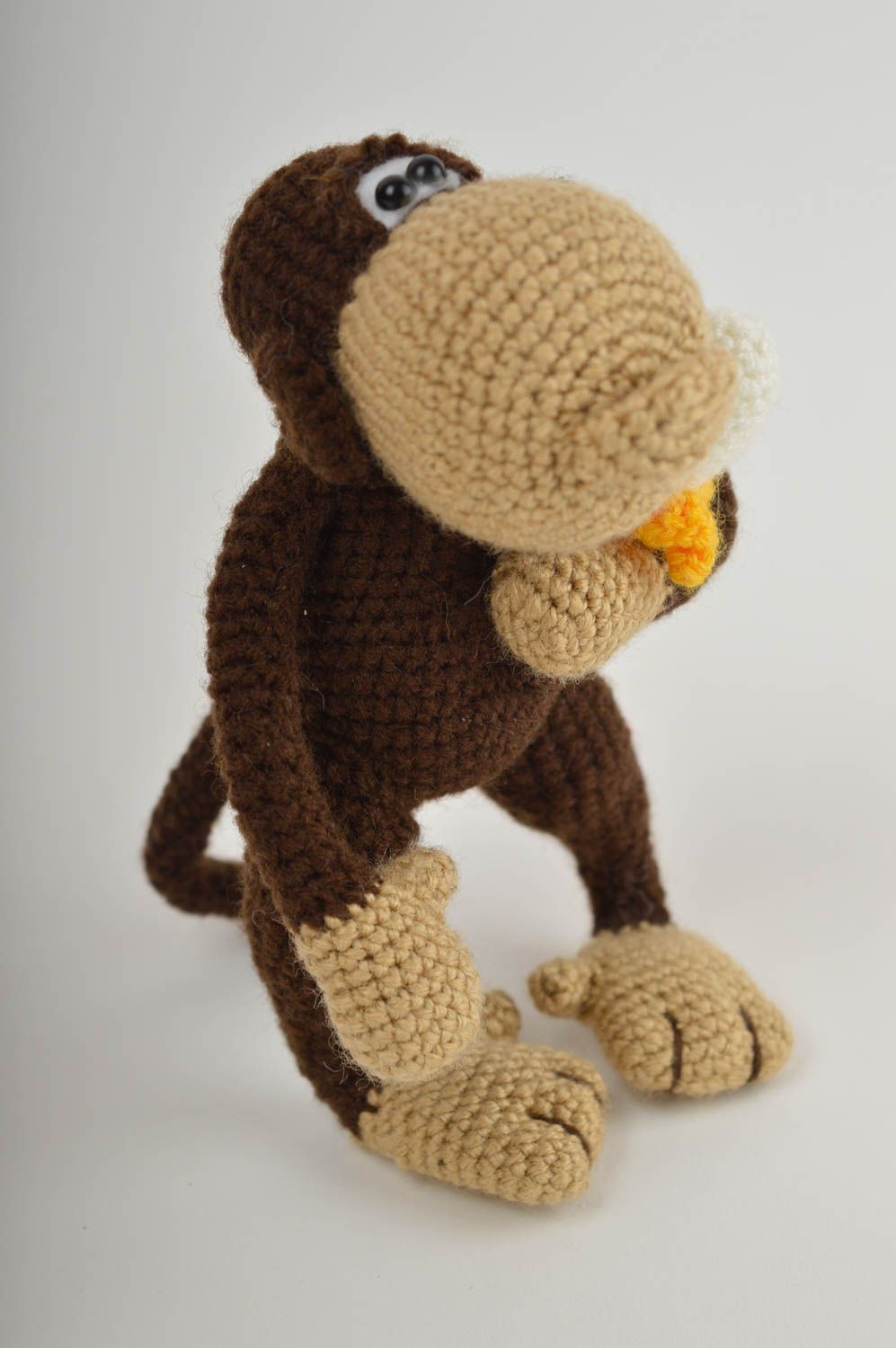 Knitted little 6 inches stuffed monkey in brown, yellow, beige colors photo 2