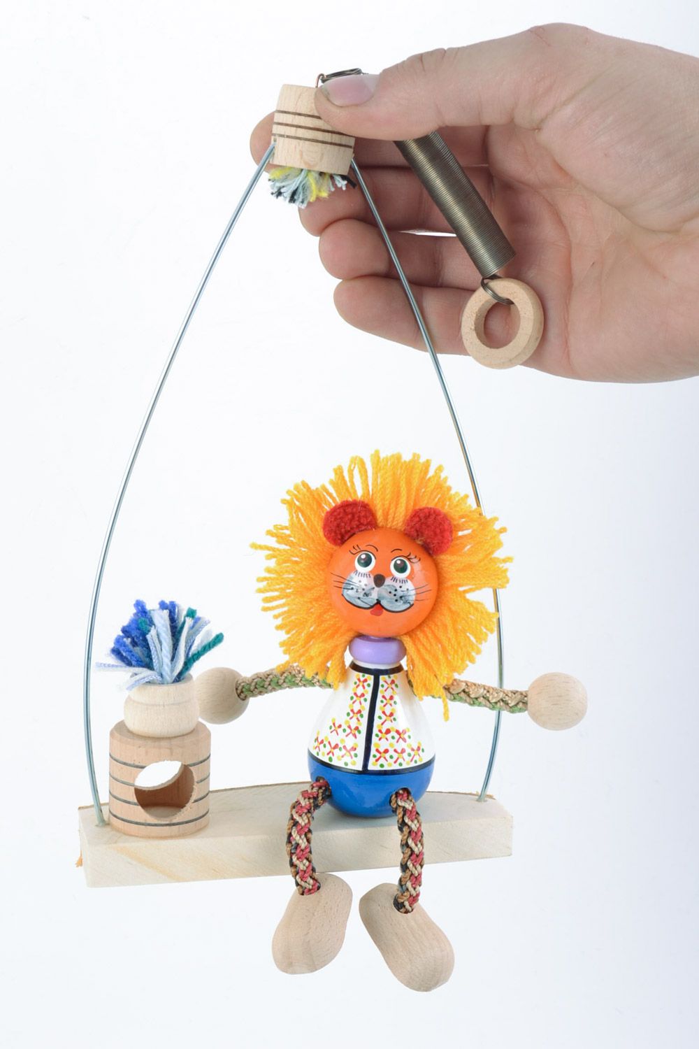 Handmade painted wooden toy lion on swing for gift eco photo 1