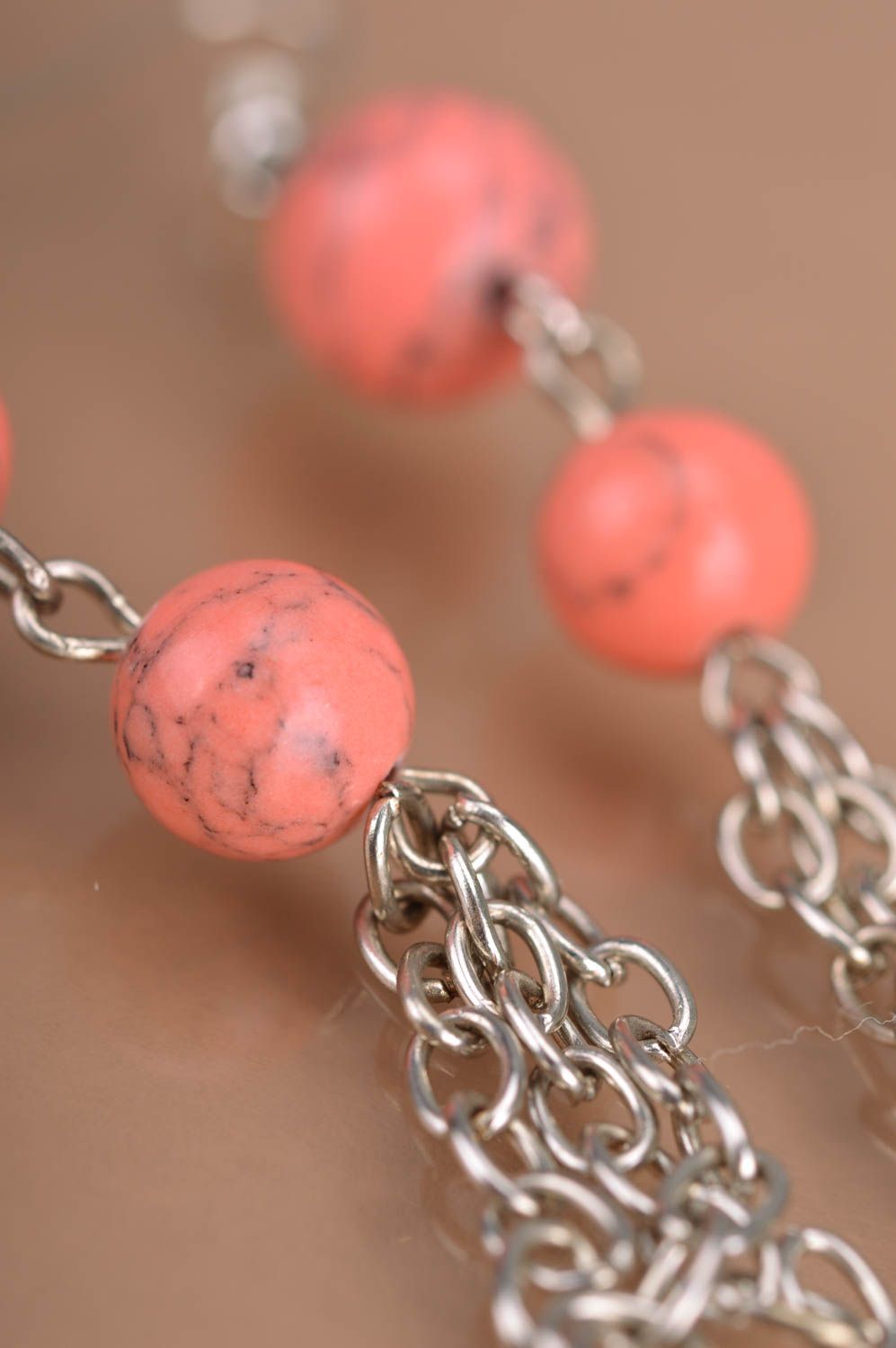 Handmade designer dangle earrings with pink round beads and metal chains photo 4