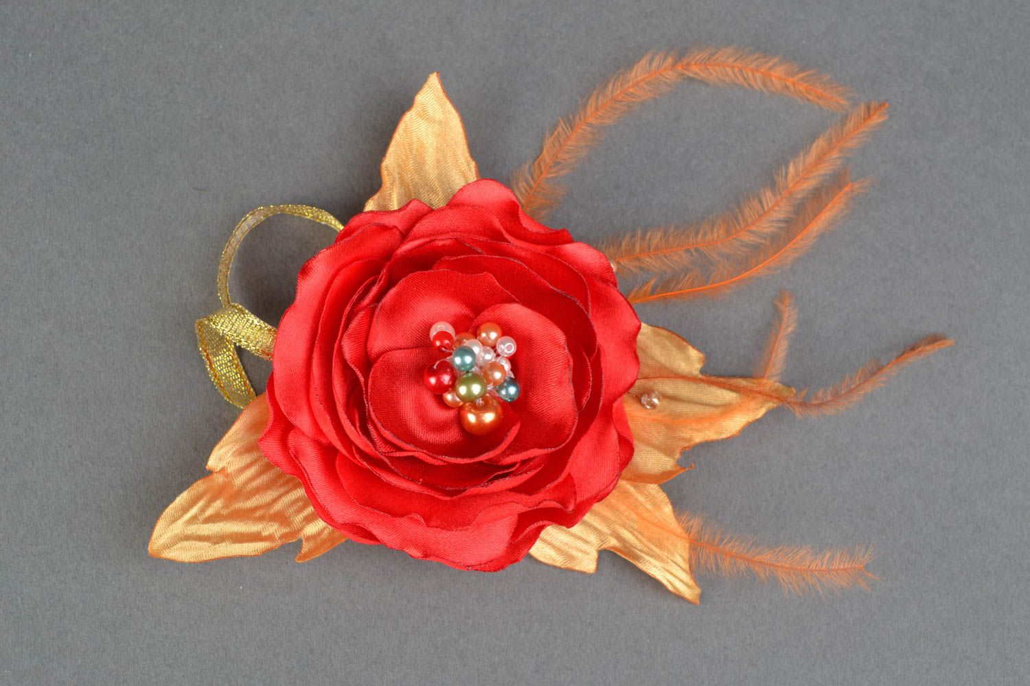 Floral hair clip made of satin and organza Poppy on Gold photo 1