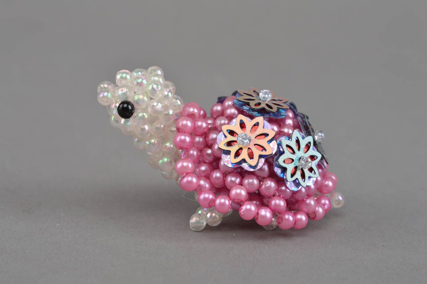 Handmade designer miniature bead woven figurine pink and white turtle photo 3