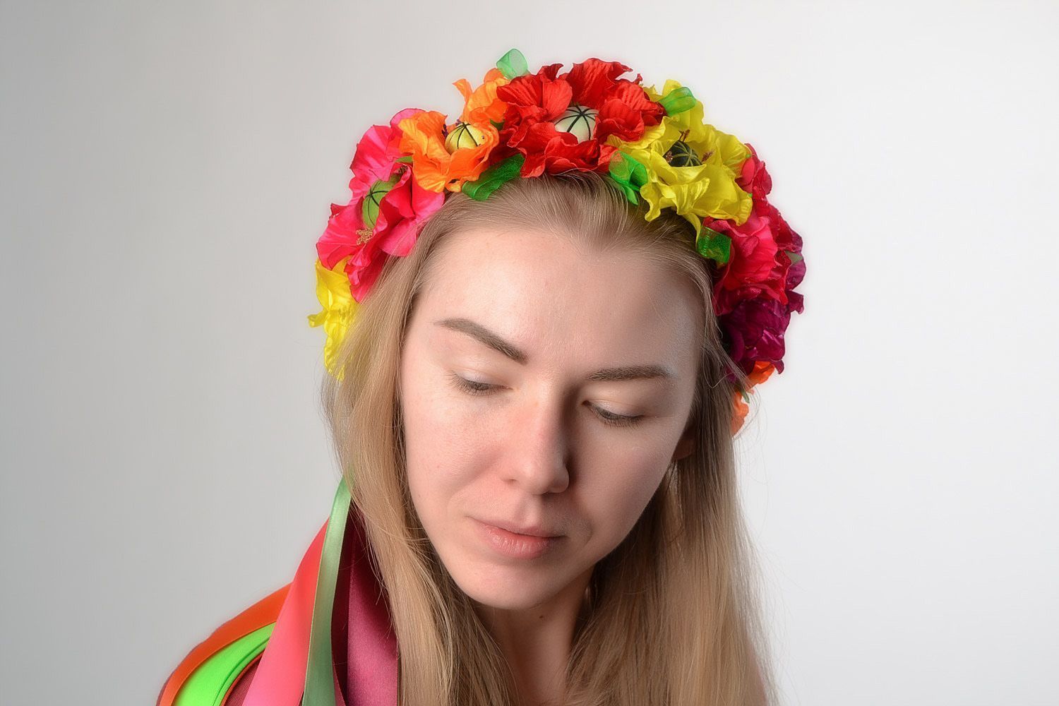 Handmade bright multicolored flower head wreath with satin ribbons photo 2