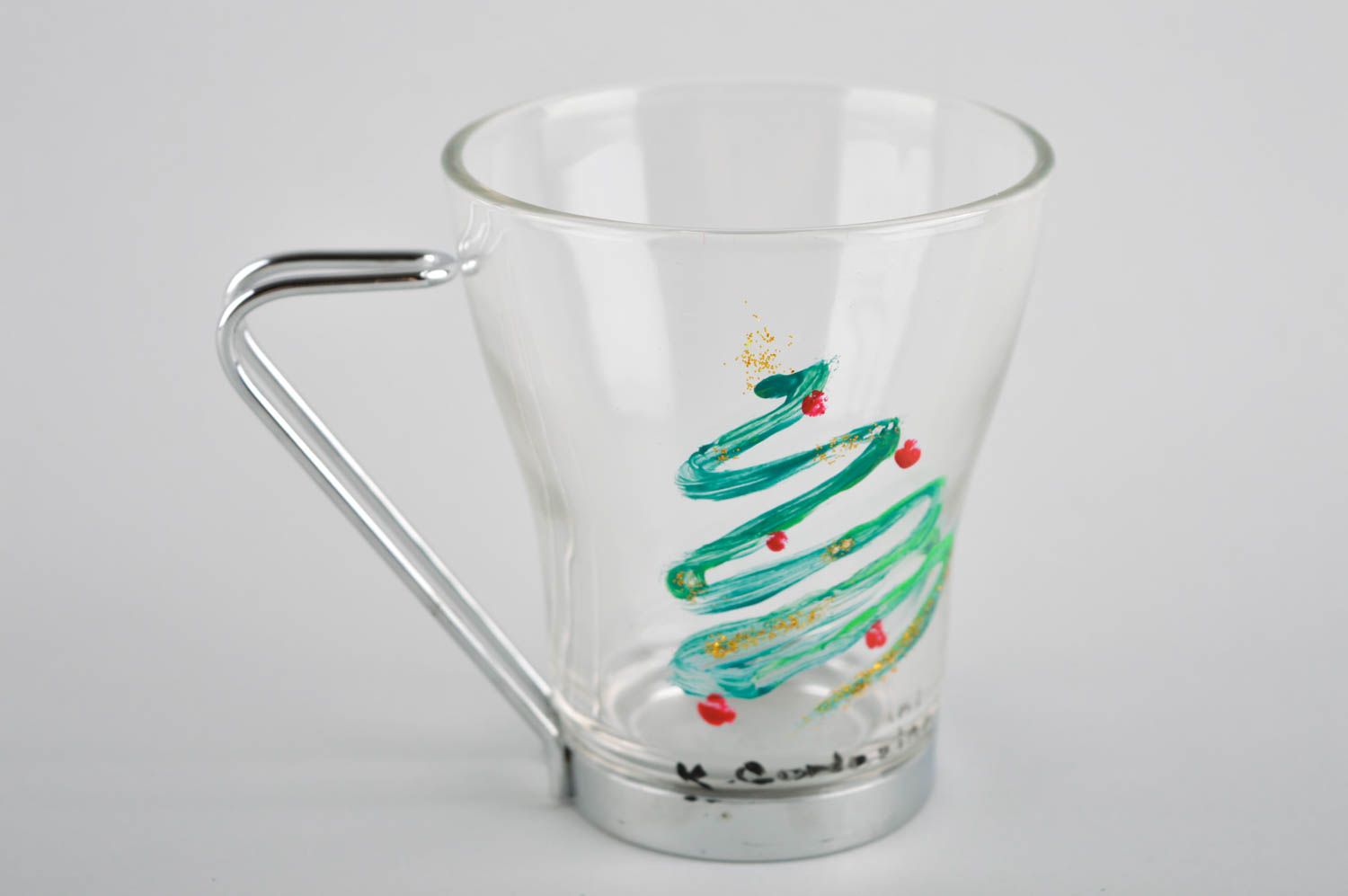 Clear glass coffee or tea cup with handle and Christmas tree painting photo 1
