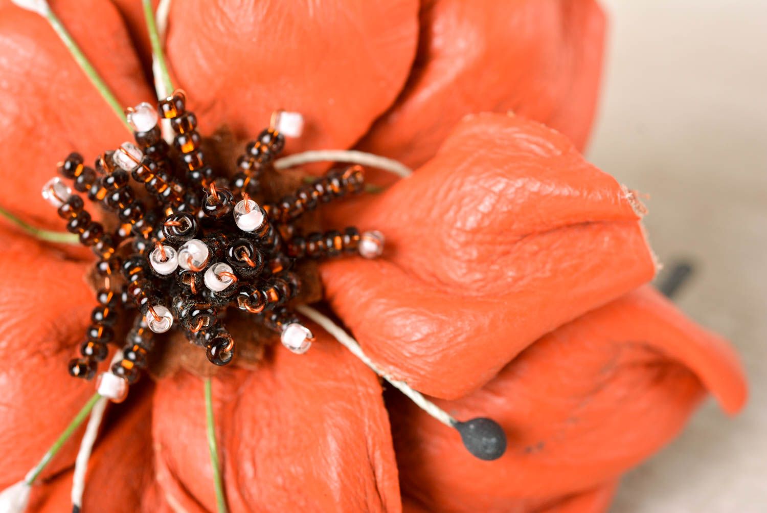 Broche fleur faite main Barrette cheveux Accessoire femme vrai cuir roux photo 3