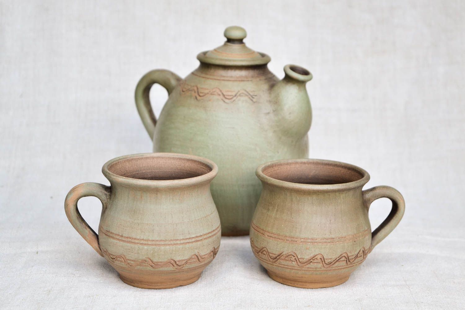 Unusual handmade ceramic teapot 2 clay cups tea cup design kitchen supplies photo 4