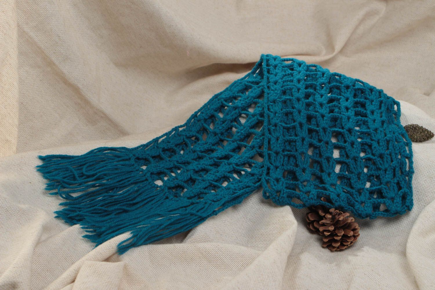 Stylish handmade long dark blue crochet wool scarf lacy photo 1