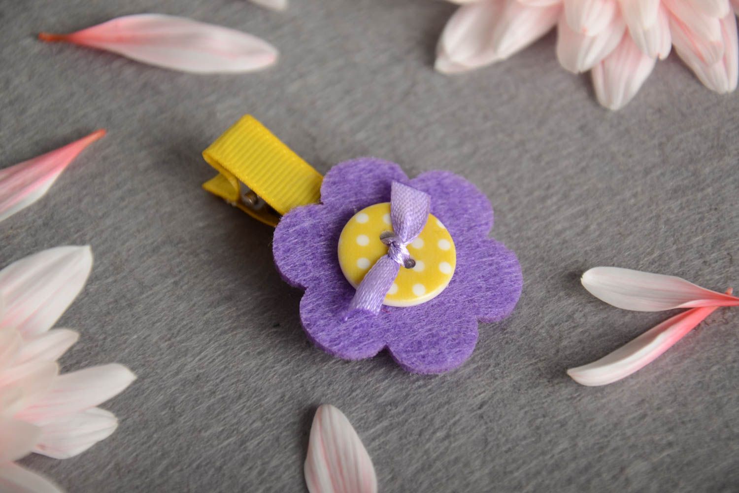 Purple hair clip made of rep ribbons and fleece handmade children's accessory photo 1
