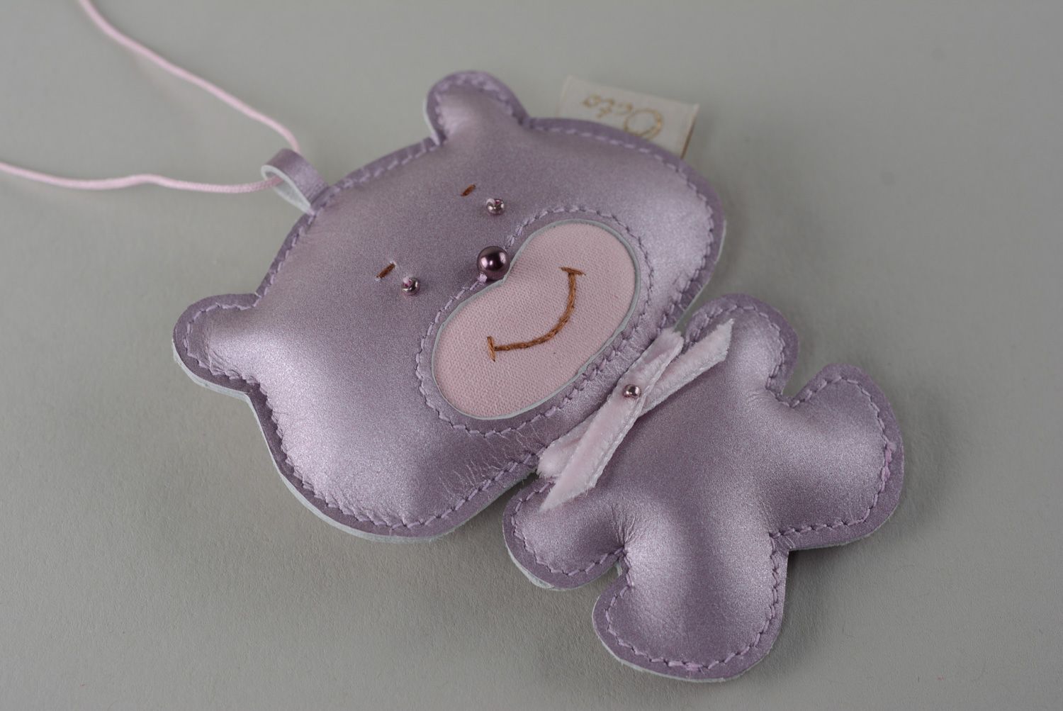 Handmade cute leather keychain handbag charm in the shape of bear of violet color photo 4