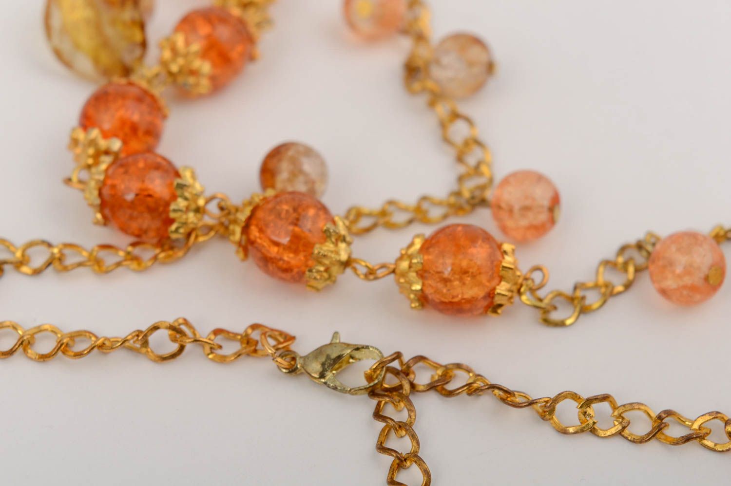 Handmade designer necklace with Venetian glass on metal chain in amber color photo 4