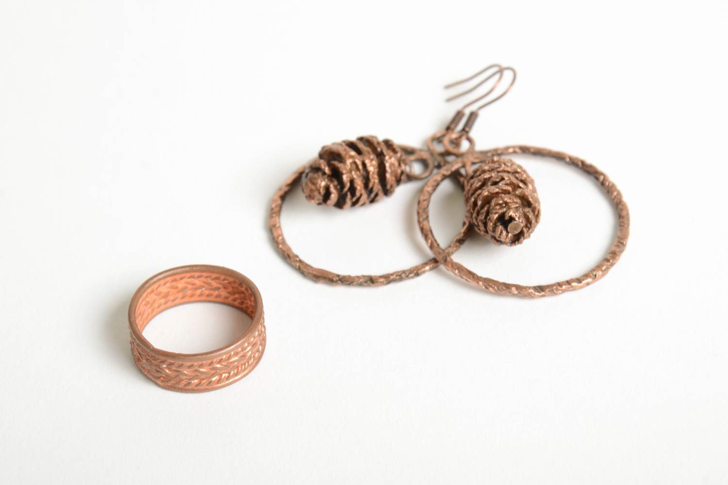 Boucles d'oreilles anneaux Bague fait main Set de bijoux Cadeau femme cuivre photo 5