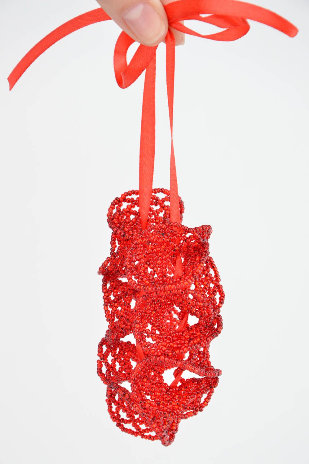 Bracelet en perles de rocaille large fait main rouge original avec ruban photo 3