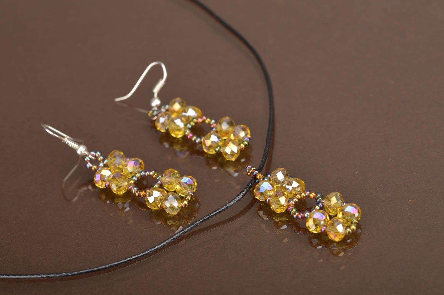 Beautiful handmade pendant and earrings woven of Czech beads jewelry set photo 2