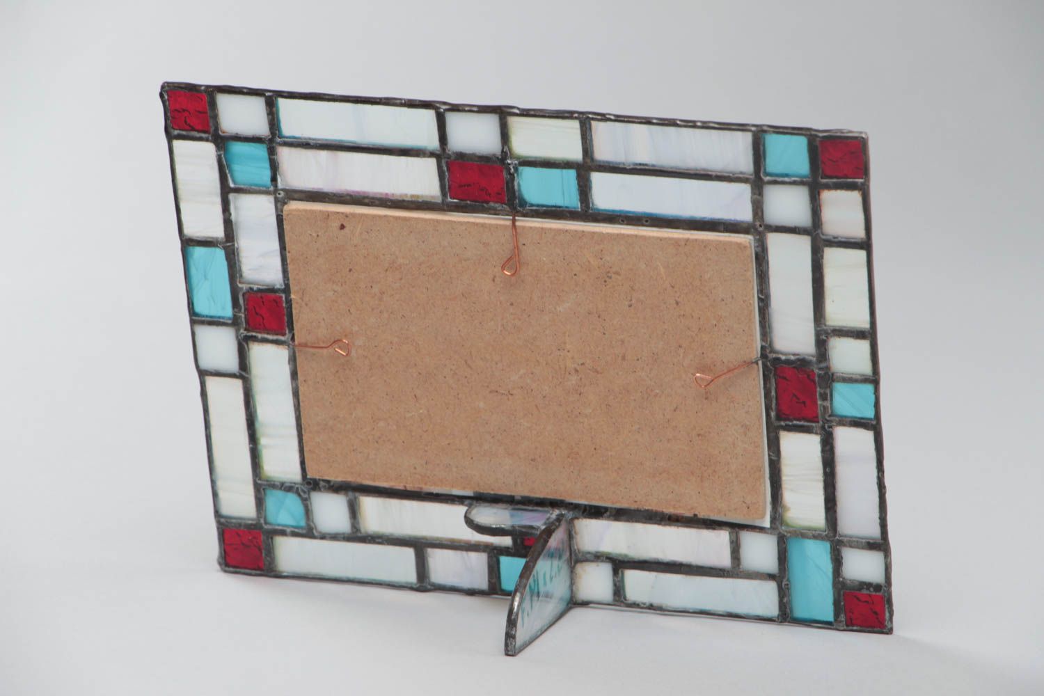 Handmade decorative stained glass photo frame in blue and red color palette photo 4