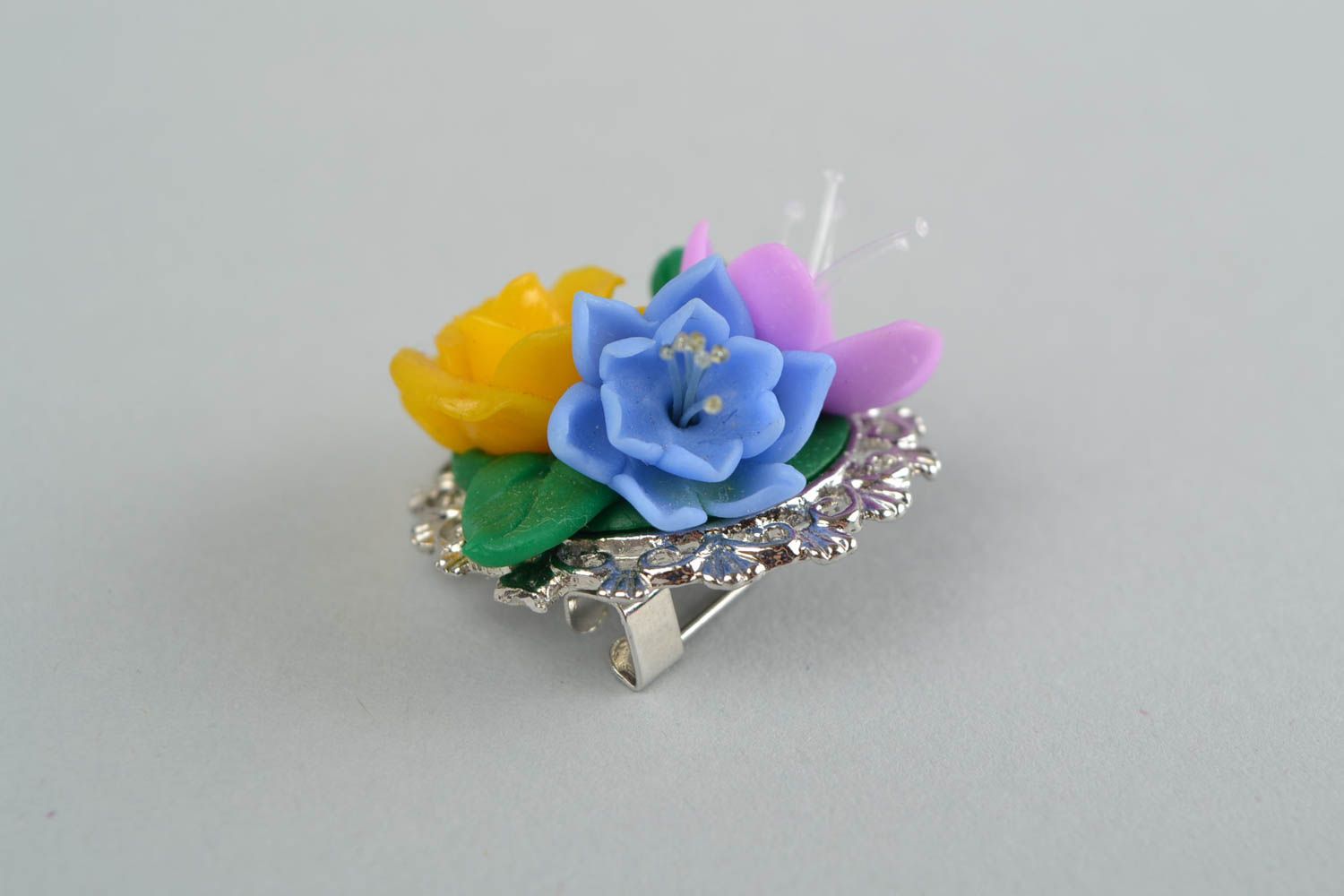 Bunte Blumen Brosche aus Polymer Ton grell künstlerisch handmade Schmuck  foto 4