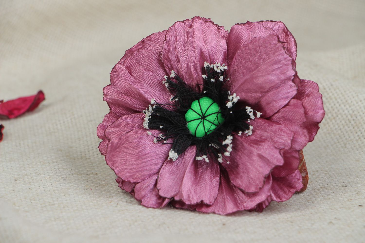 Homemade women's satin fabric flower brooch of pink color photo 5