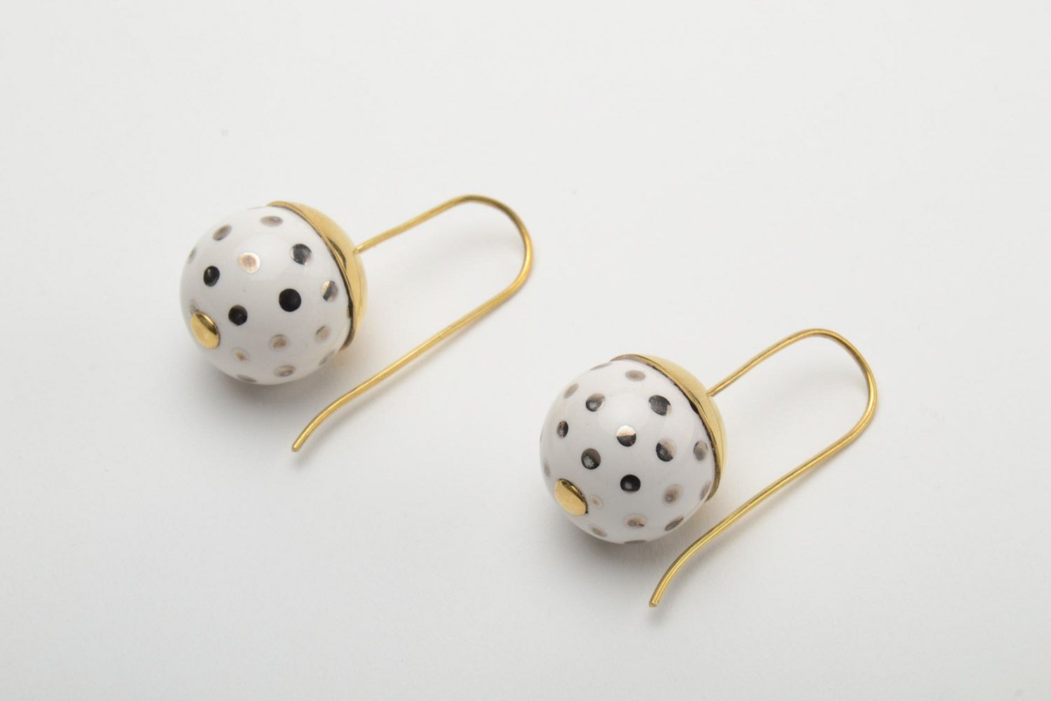 Handmade polka dot ceramic ball earrings in brass frame with long ear wires photo 2