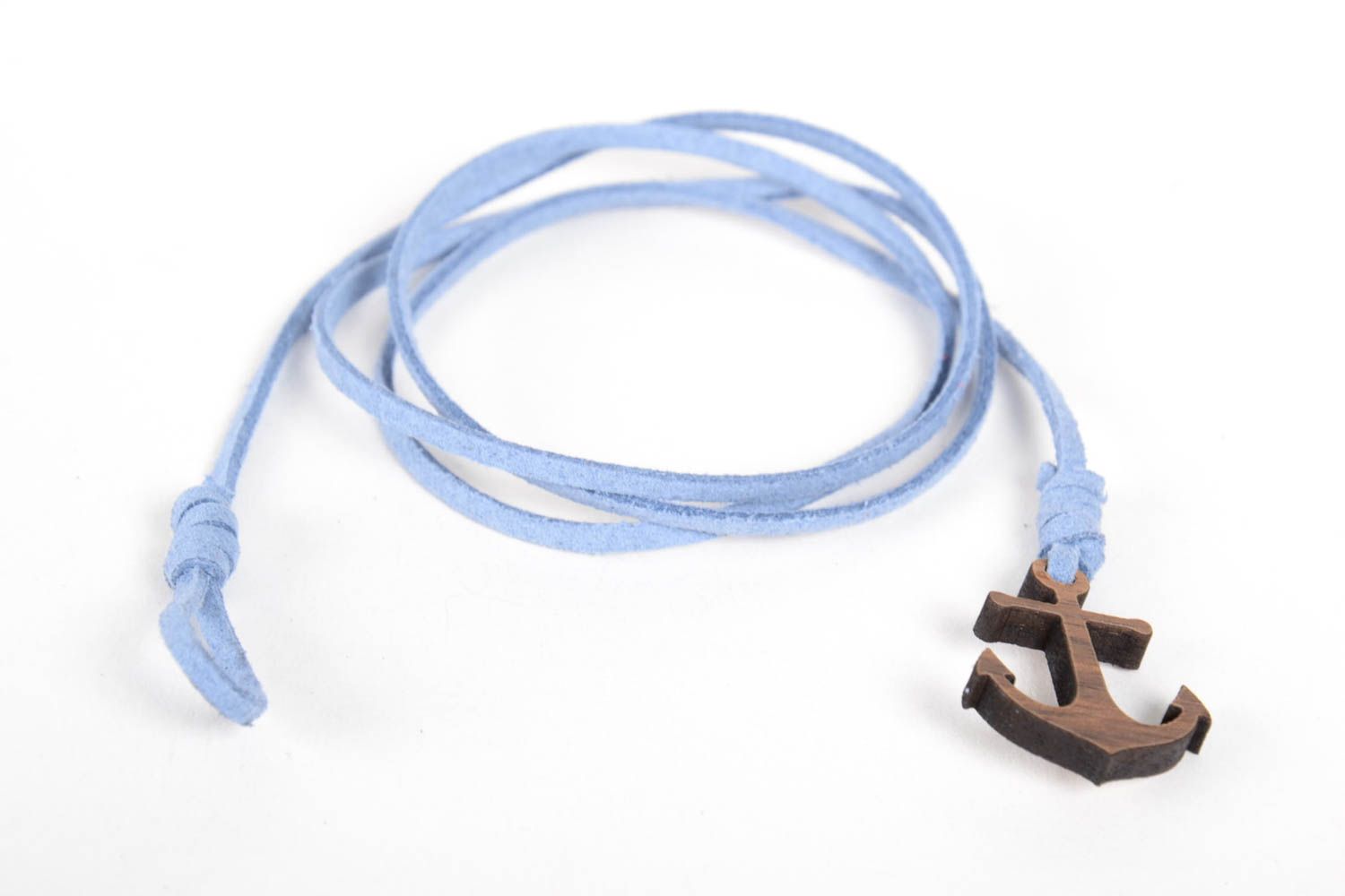Bracelet daim bleu clair Bijou fait main ancre bois style marin Accessoire femme photo 3