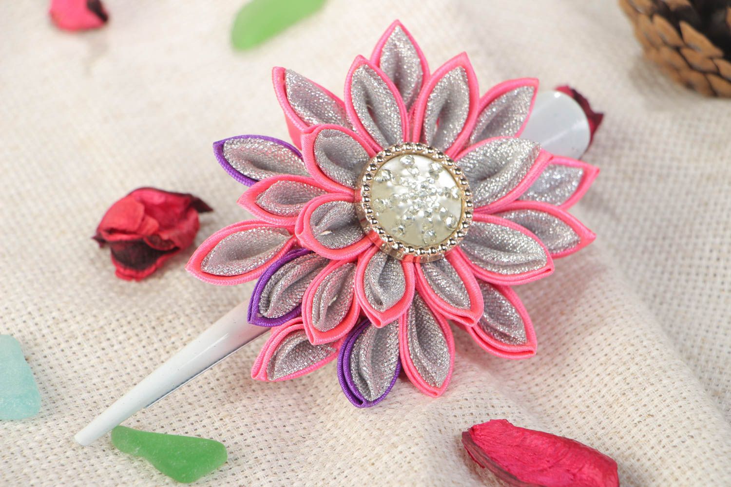 Handmade decorative hair clip with volume satin ribbon and lurex kanzashi flower photo 1