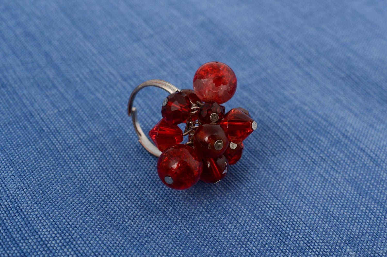 Handmade designer jewelry ring on metal basis with red glass and crystal beads photo 1