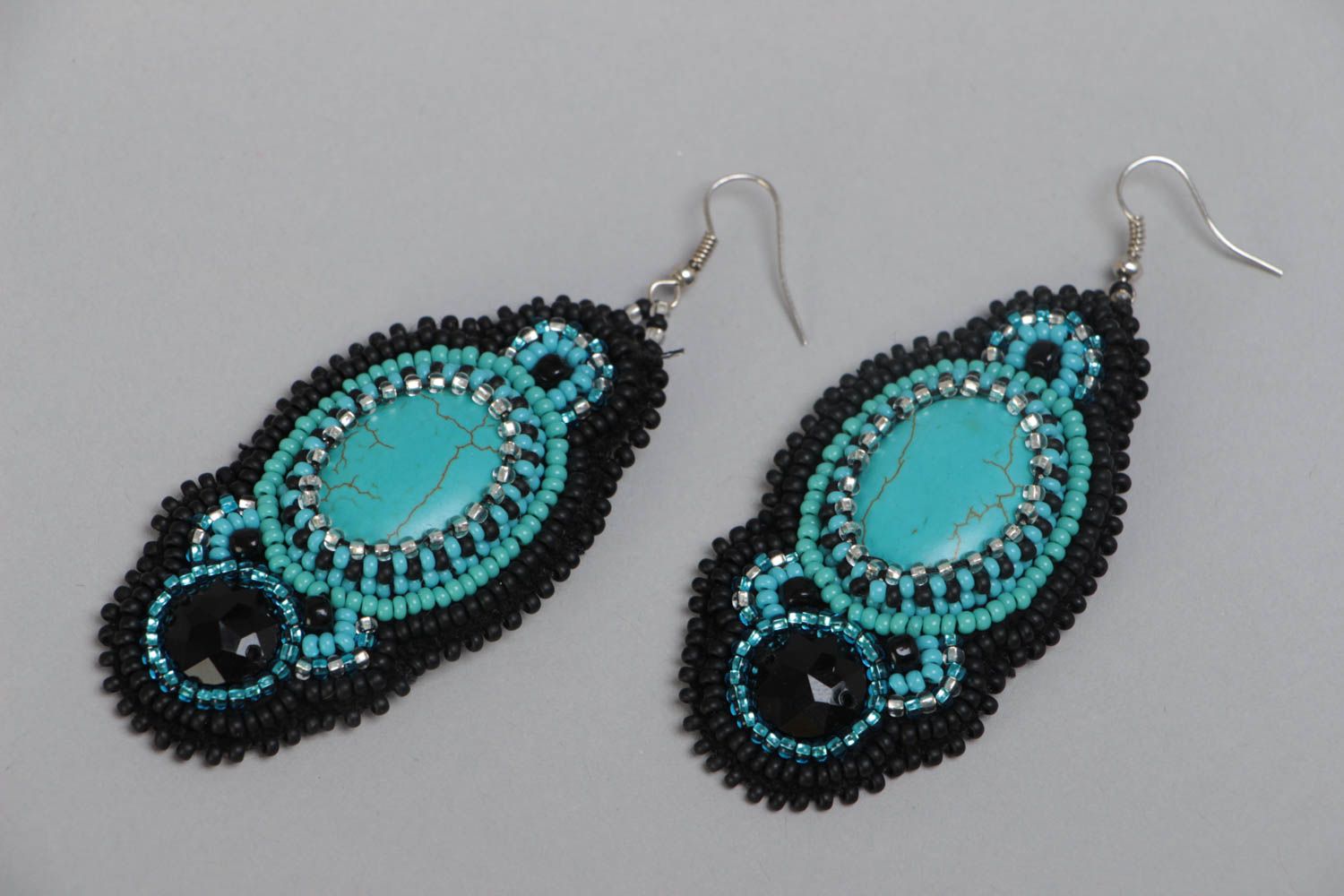 Handmade beaded earrings with charms long jewelry with artificial turquoise photo 2