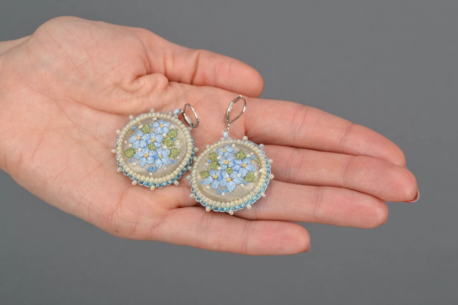 Round earrings with embroidery and seed beads photo 2