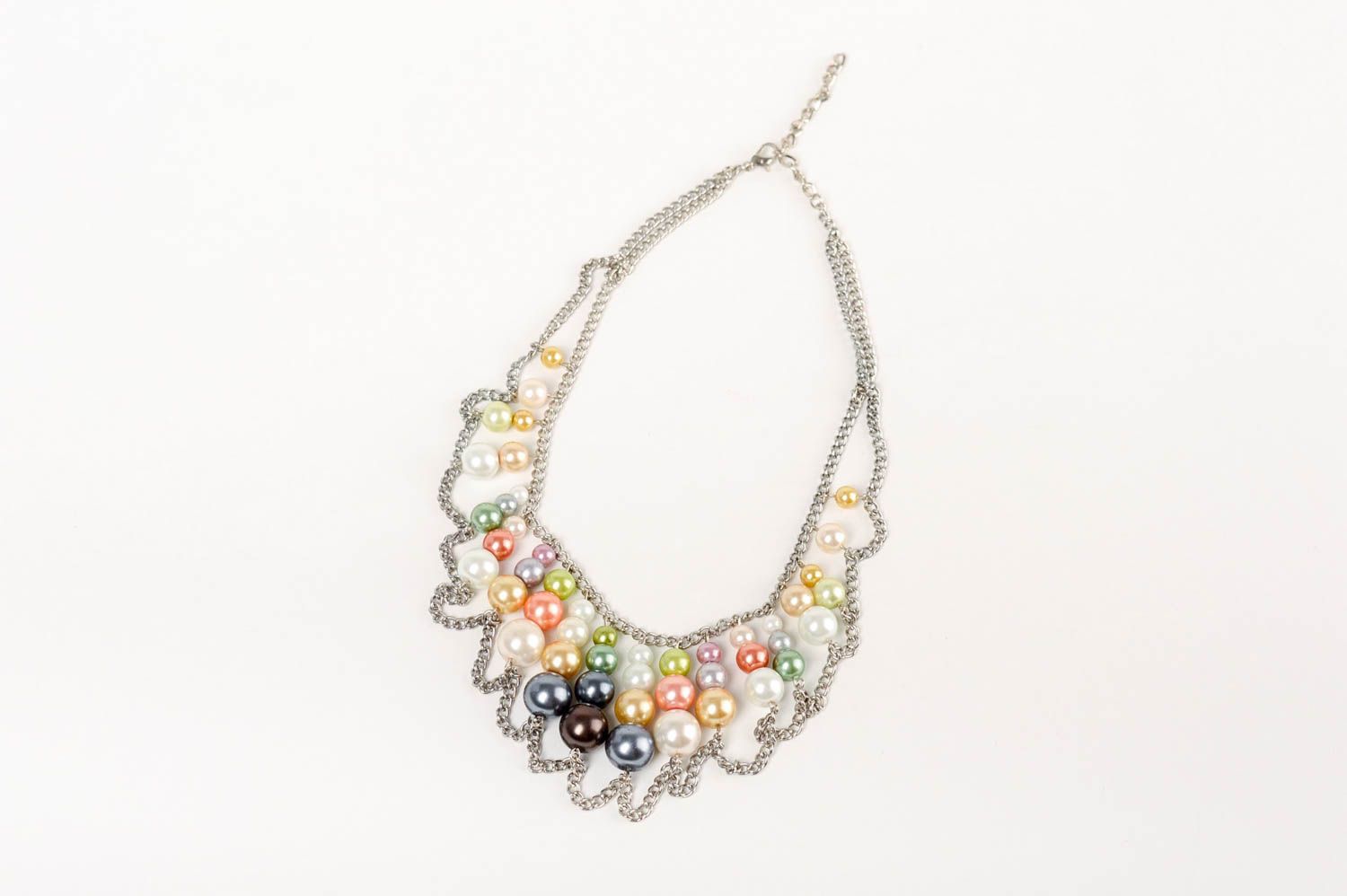 Handmade massive women's necklace with ceramic colorful pearls on metal chain photo 2