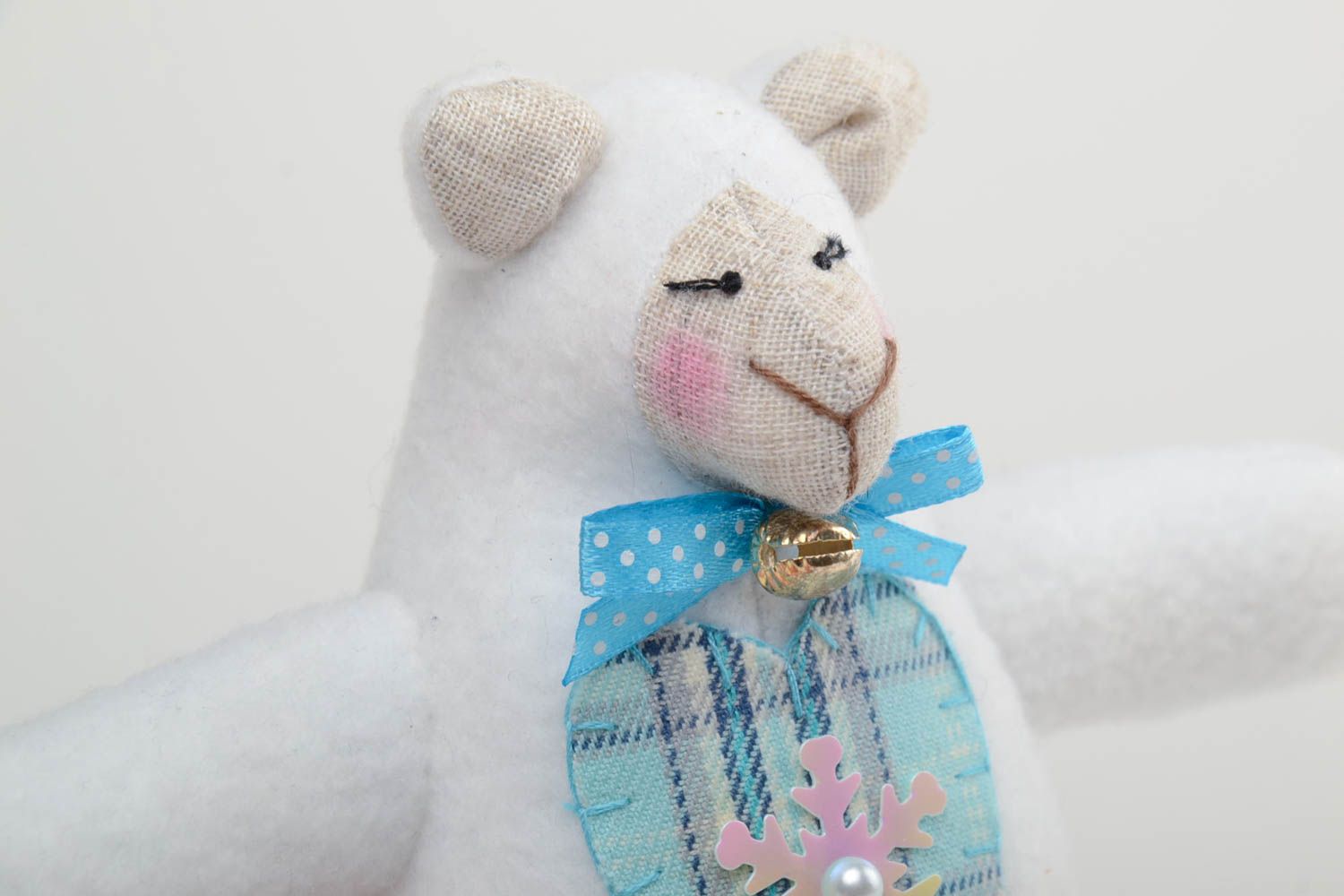 Handmade soft toy sewn of cotton and fleece white lamb with blue checkered heart photo 3