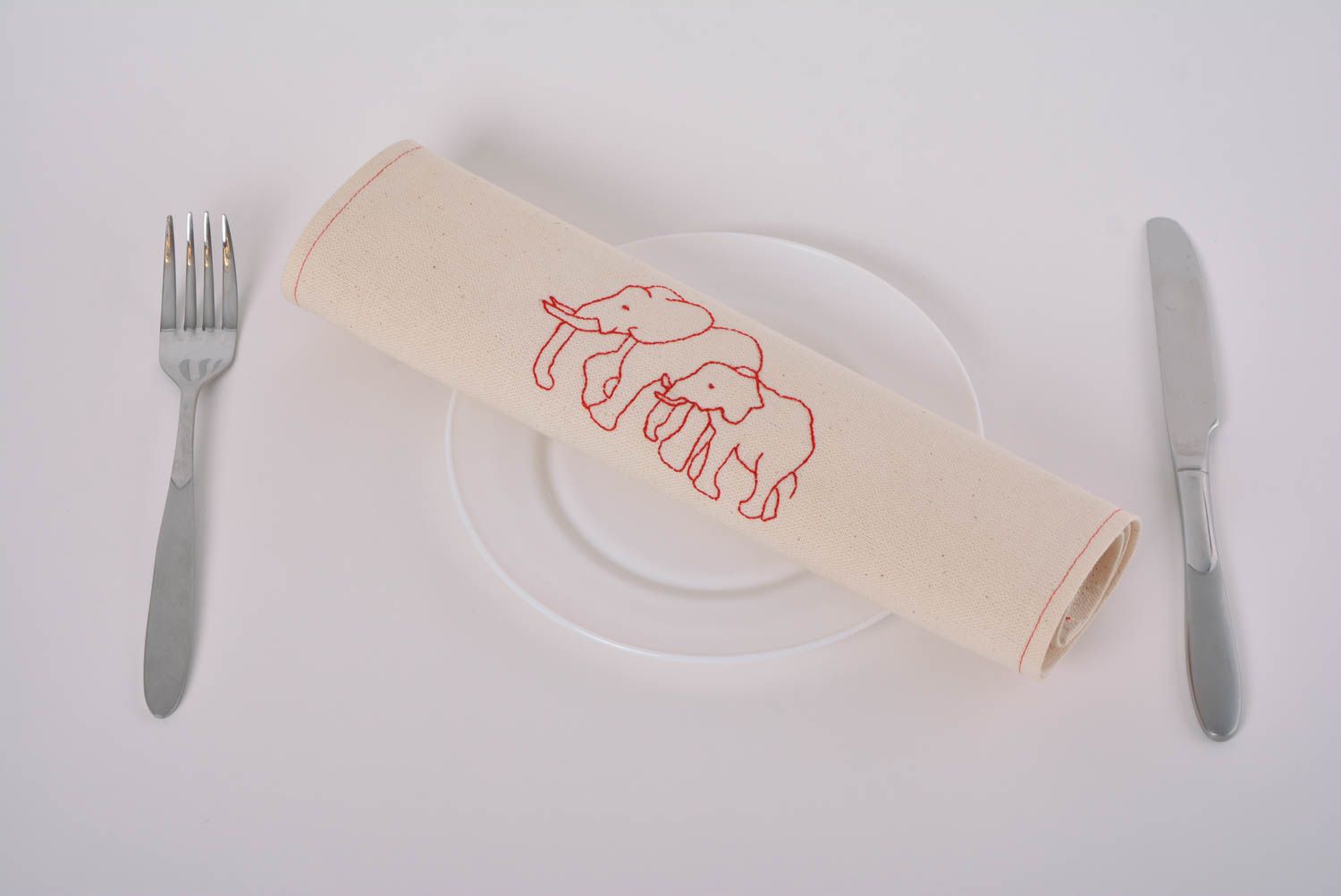Stylish handmade designer semi linen fabric napkin with embroidered elephants photo 4