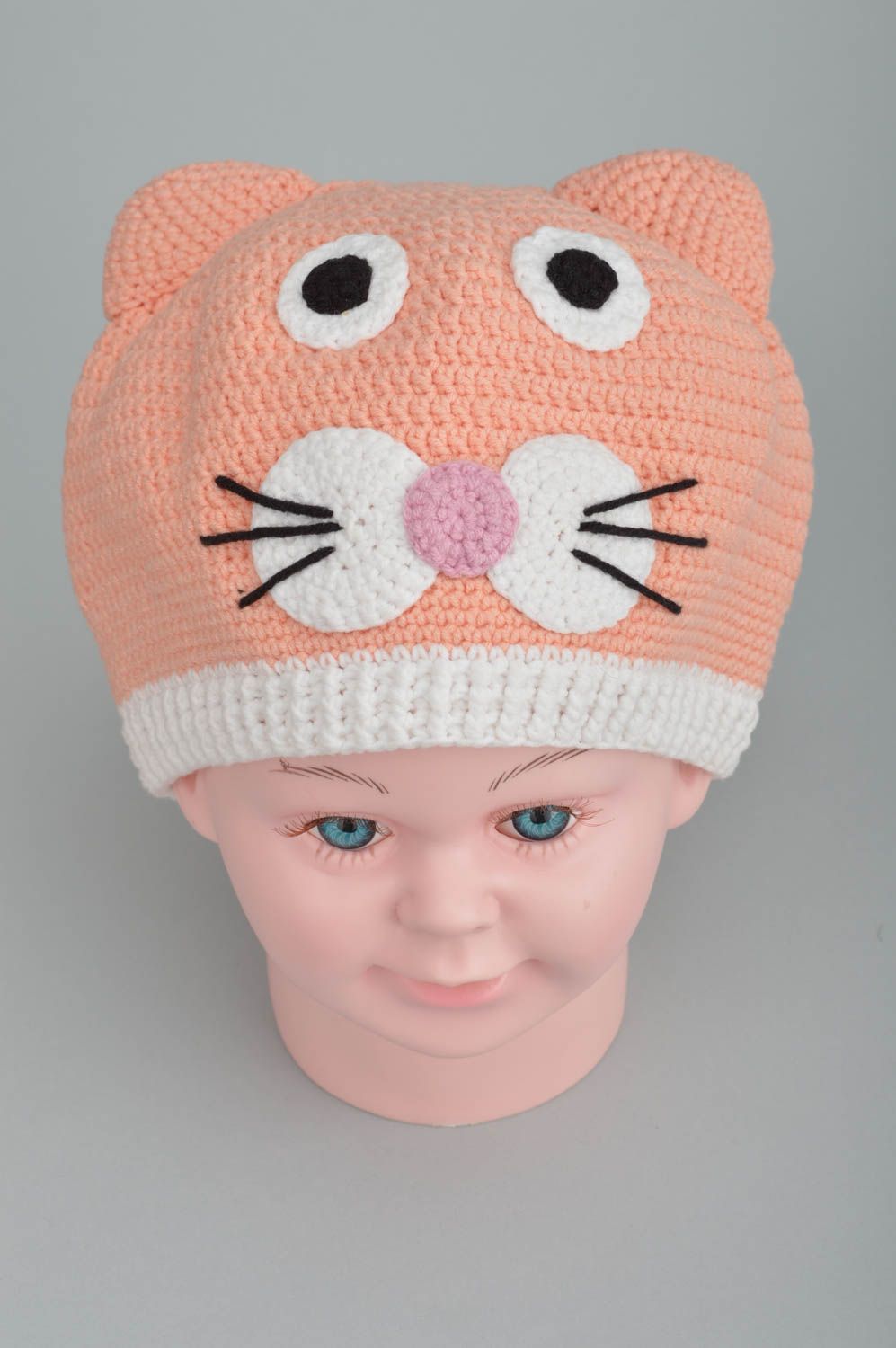 Handmade funny baby's hat crocheted of cotton and woolen threads pink cat photo 5