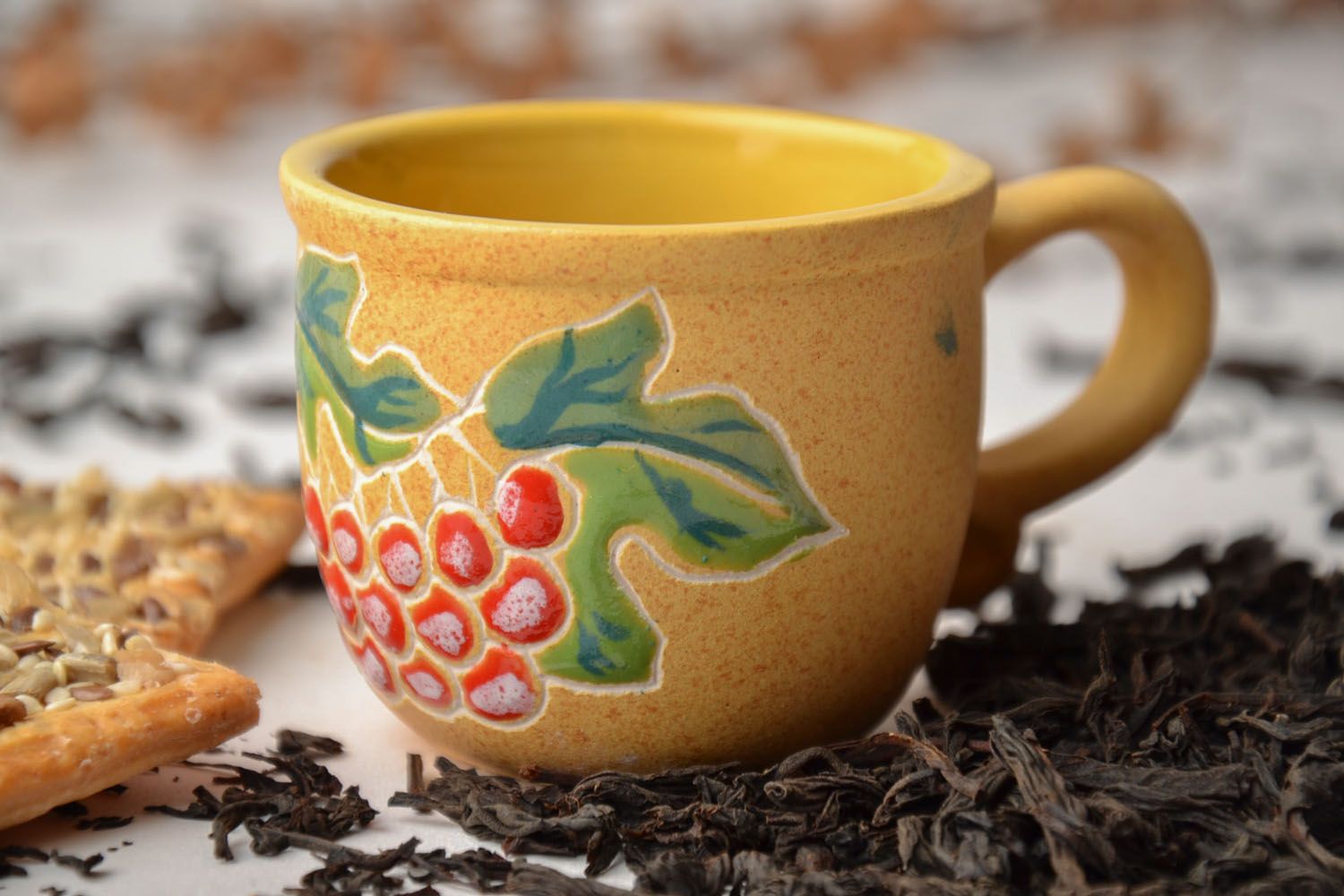 Small floral pattern 3 oz clay cup in yellow color with handle photo 2
