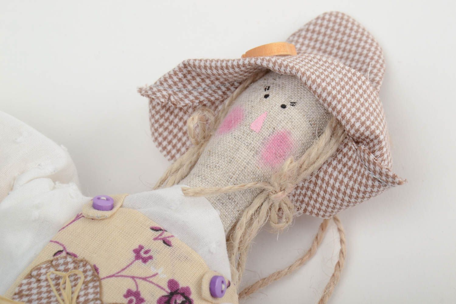 Handmade designer soft doll sewn of cotton and chintz fabrics Scarecrow photo 3