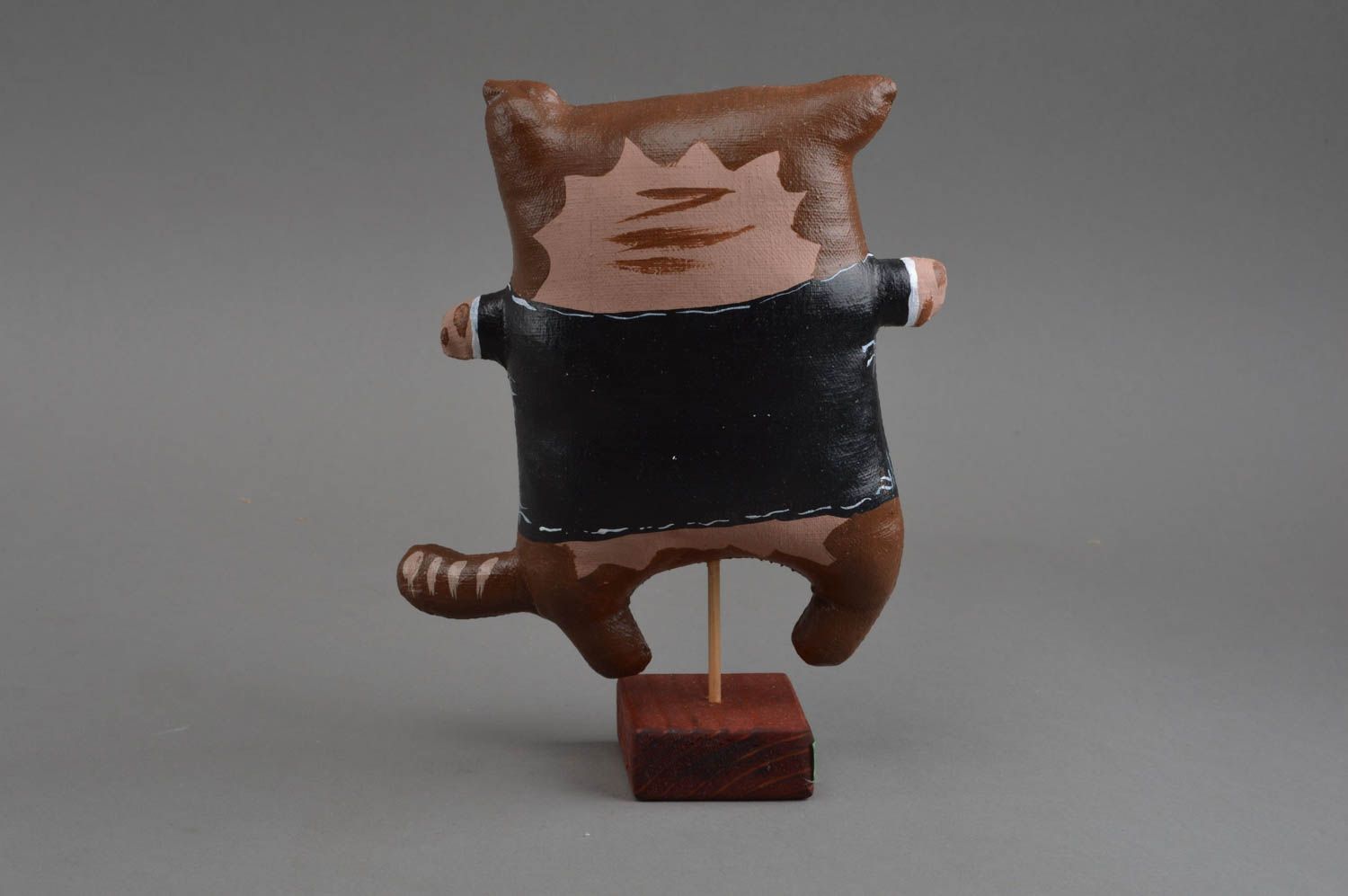 Figurine chat en tissu de lin peinte avec support de bois faite main originale photo 4