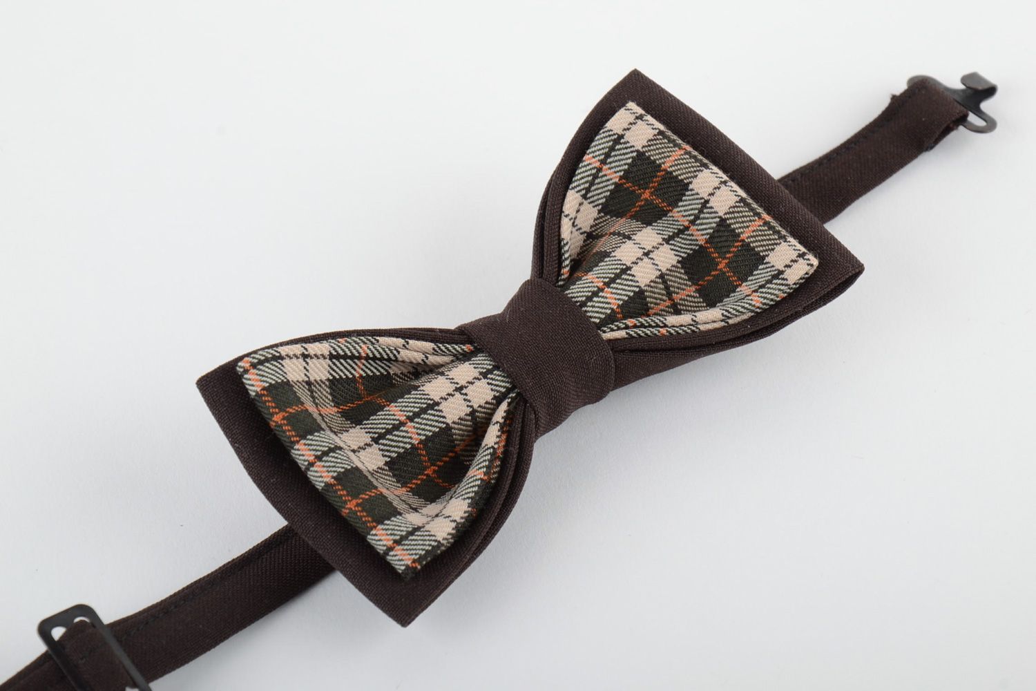 Handmade bow tie sewn of one colored brown and checkered costume fabric  photo 4