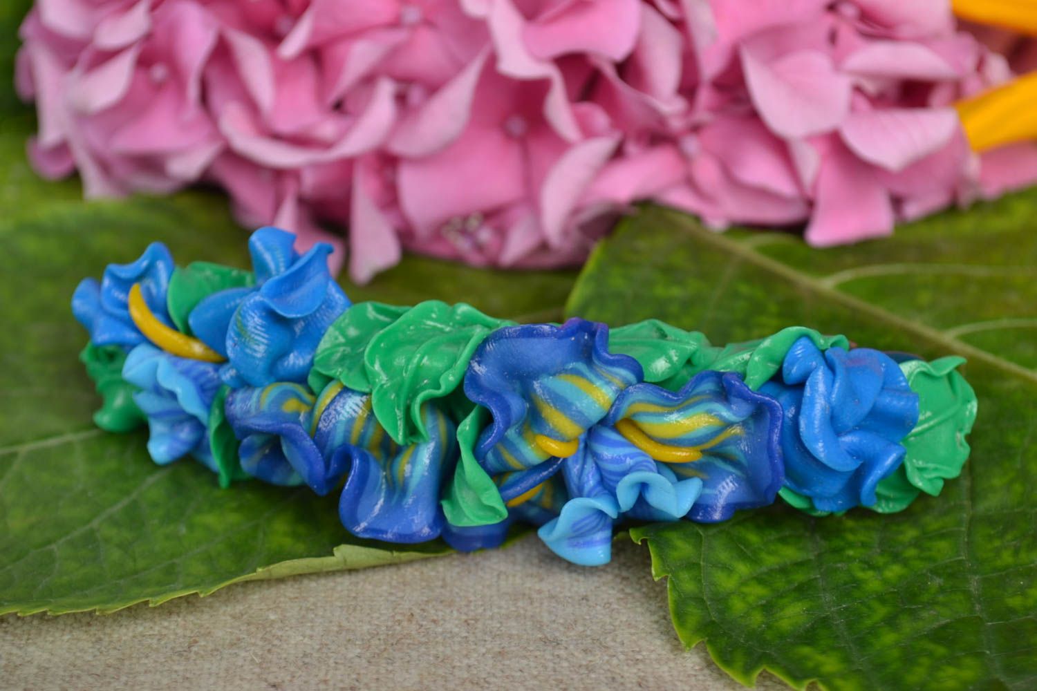 Barrette cheveux fleurs faite main Pince cheveux bleu-vert Accessoire femme photo 1