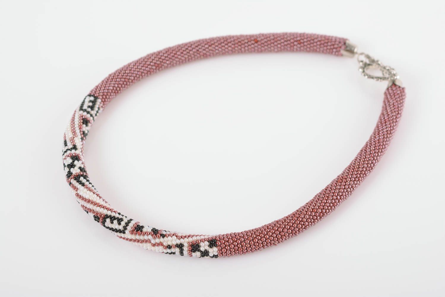 Handmade designer stylish pink beaded cord necklace with geometric ornament photo 1