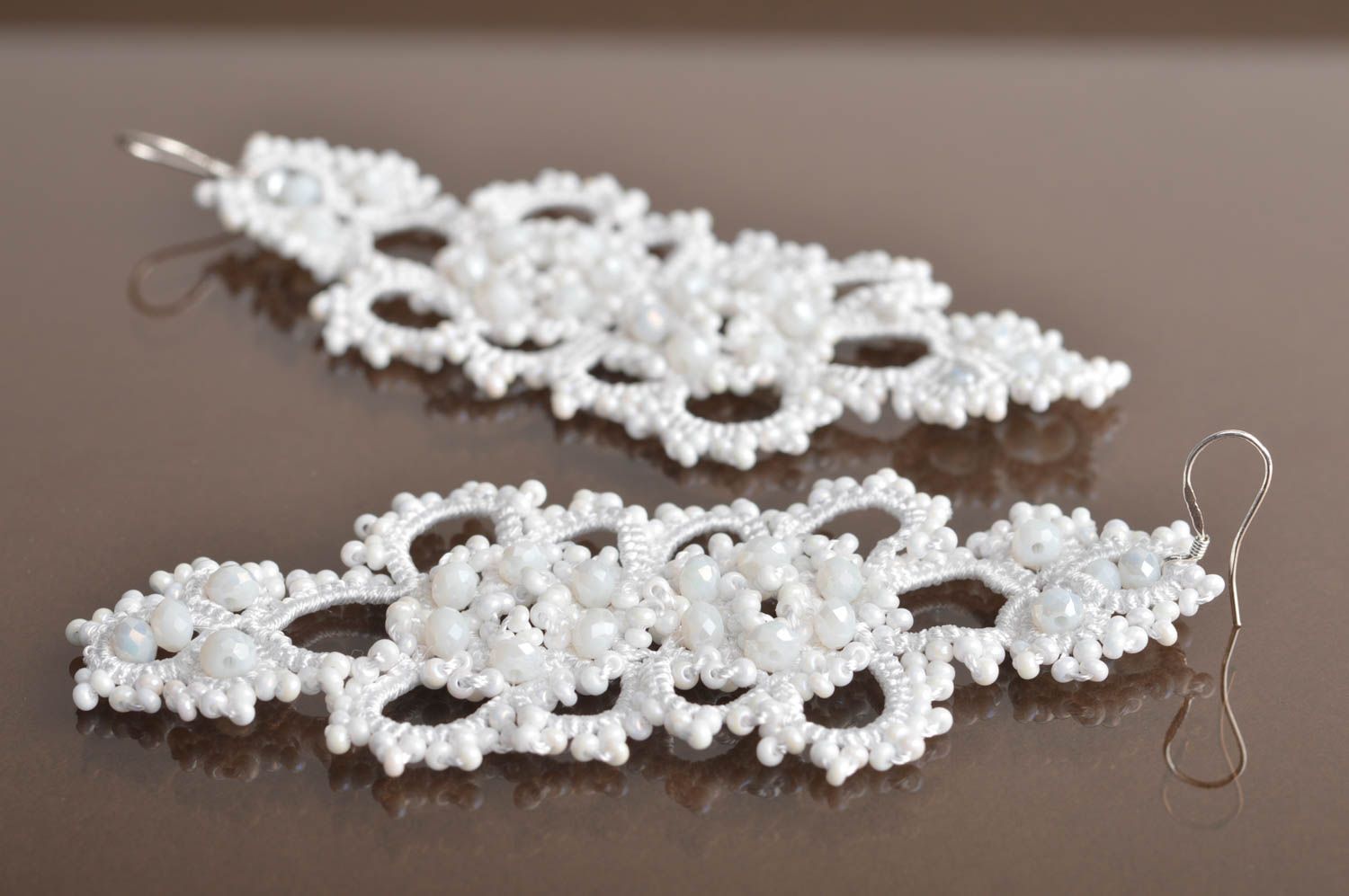 Beautiful white handmade crochet lace earrings with beads and crystals tatting photo 1