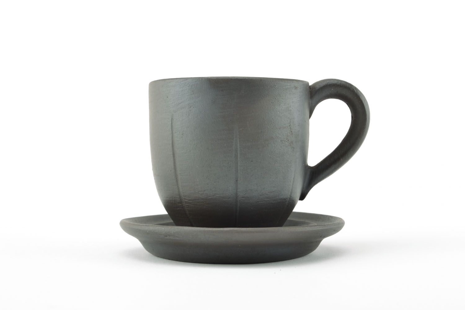 Black smoked clay no glaze 5 oz coffee cup with handle and saucer photo 1