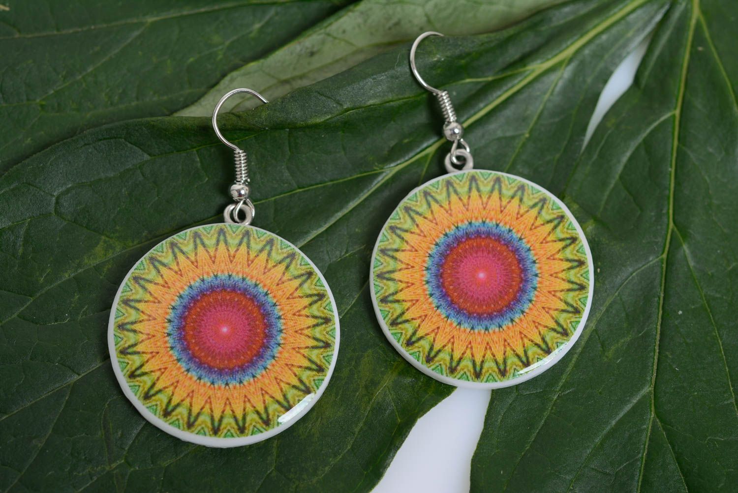 Beautiful bright handmade polymer clay round earrings with decoupage for summer photo 1
