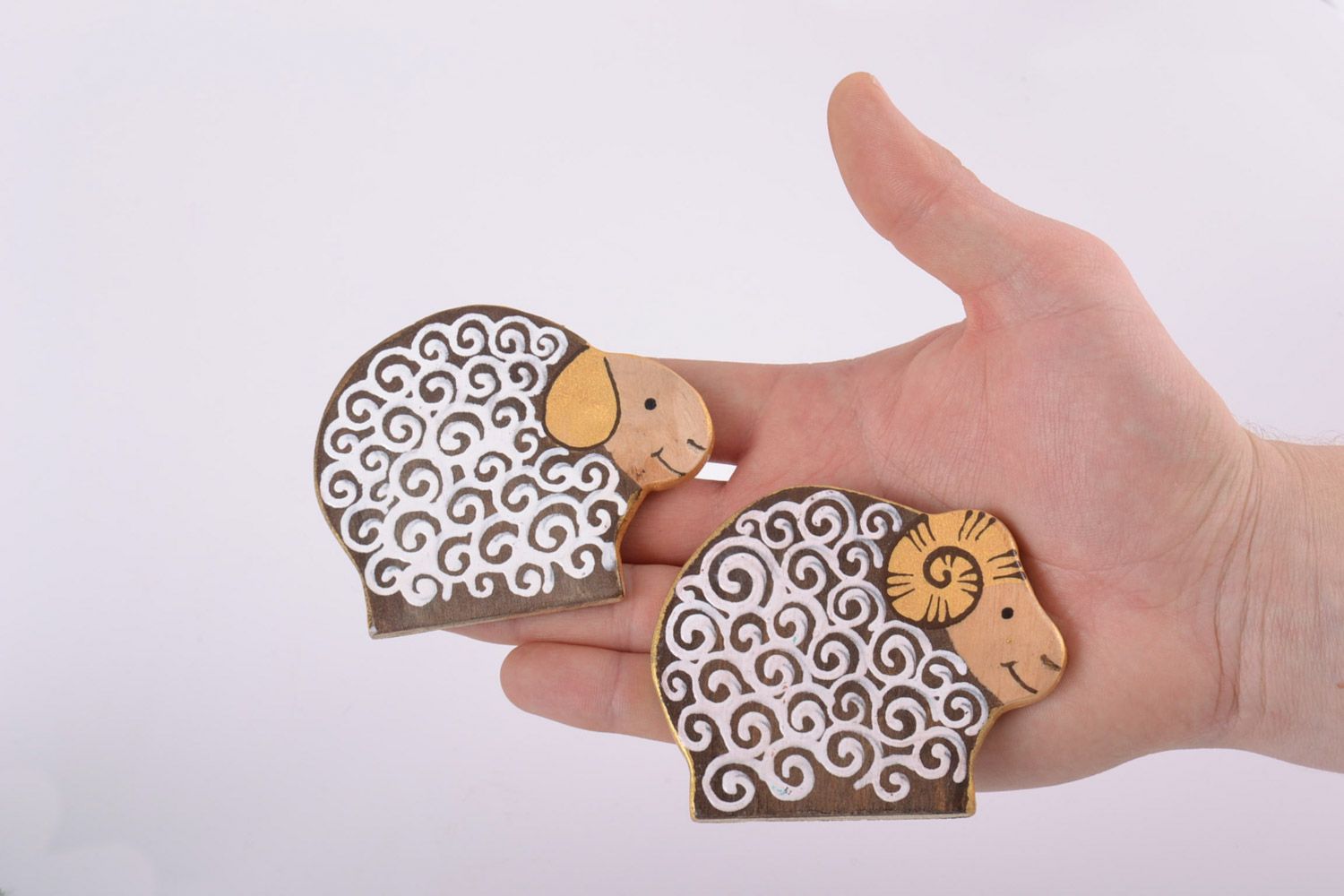 Small handmade carved painted wooden toys for interior decoration Lambs 2 items photo 5