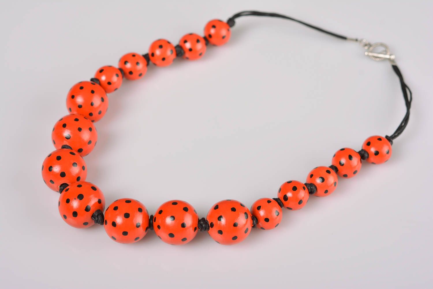 Handmade designer necklace with red painted wooden large beads on waxed cord photo 4