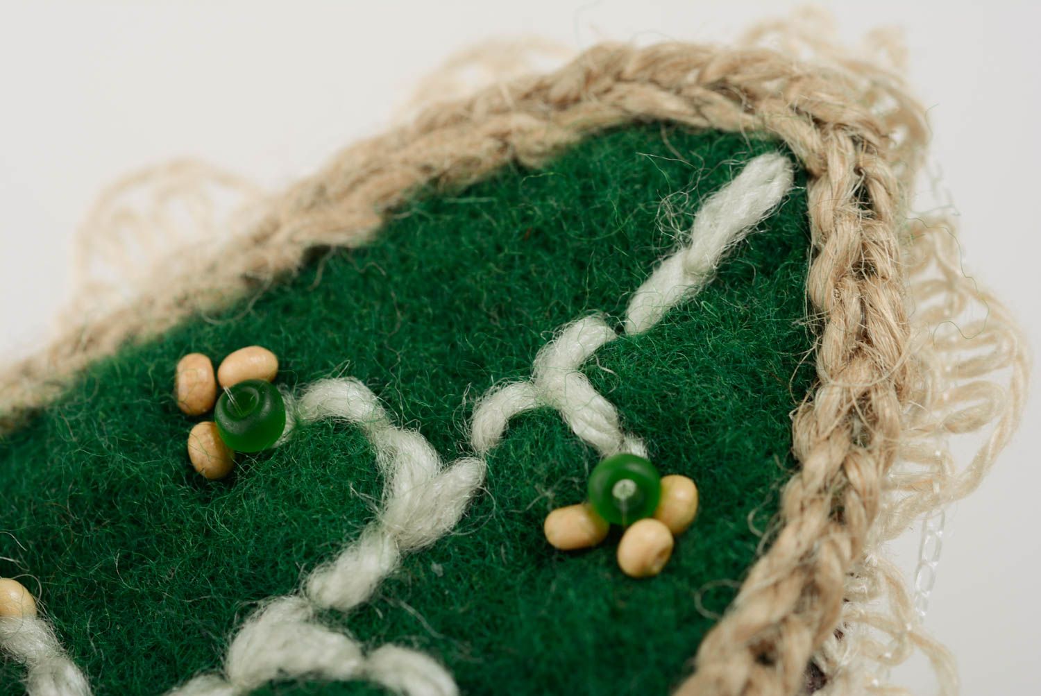 Handmade designer green and beige crochet brooch with felted wool and beads  photo 2