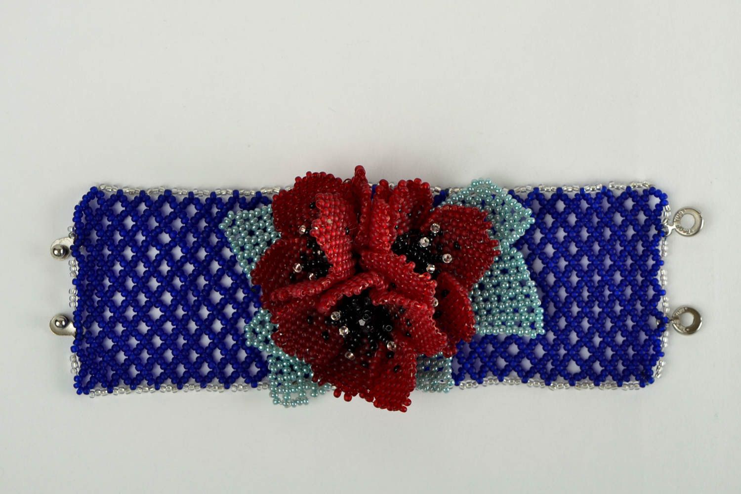 Handmade poppies wide bead bracelet in dark blue and dark red color for women  photo 3