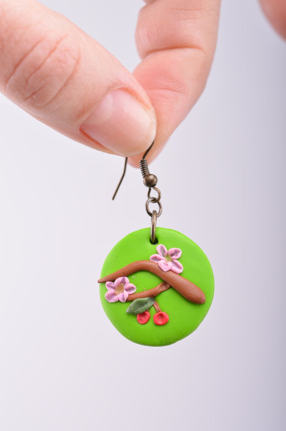 Beautiful handmade polymer clay round earrings of green color Oriental Cherry Branch photo 1
