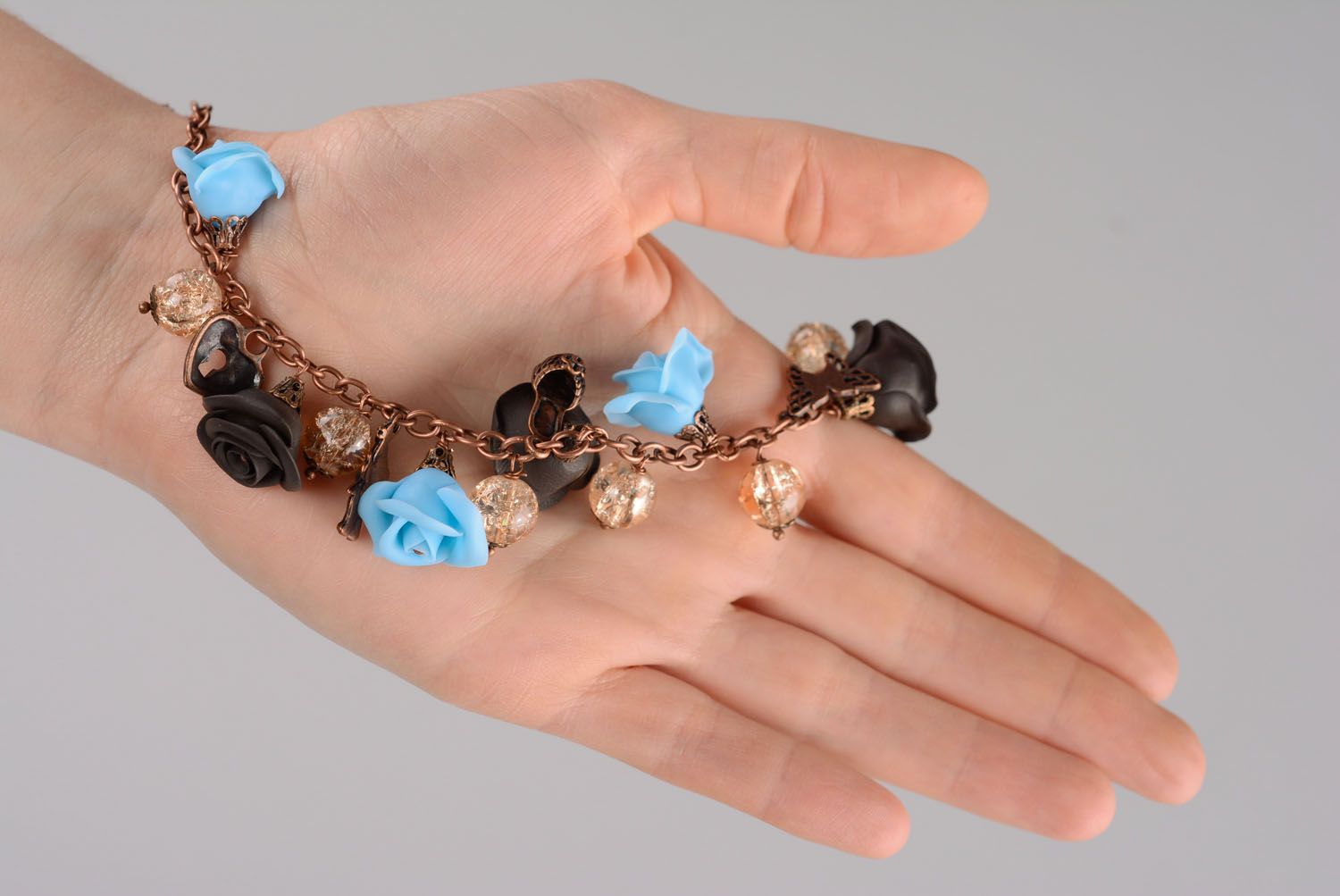 Charm brown and turquoise roses bracelet with transparent glass balls photo 6