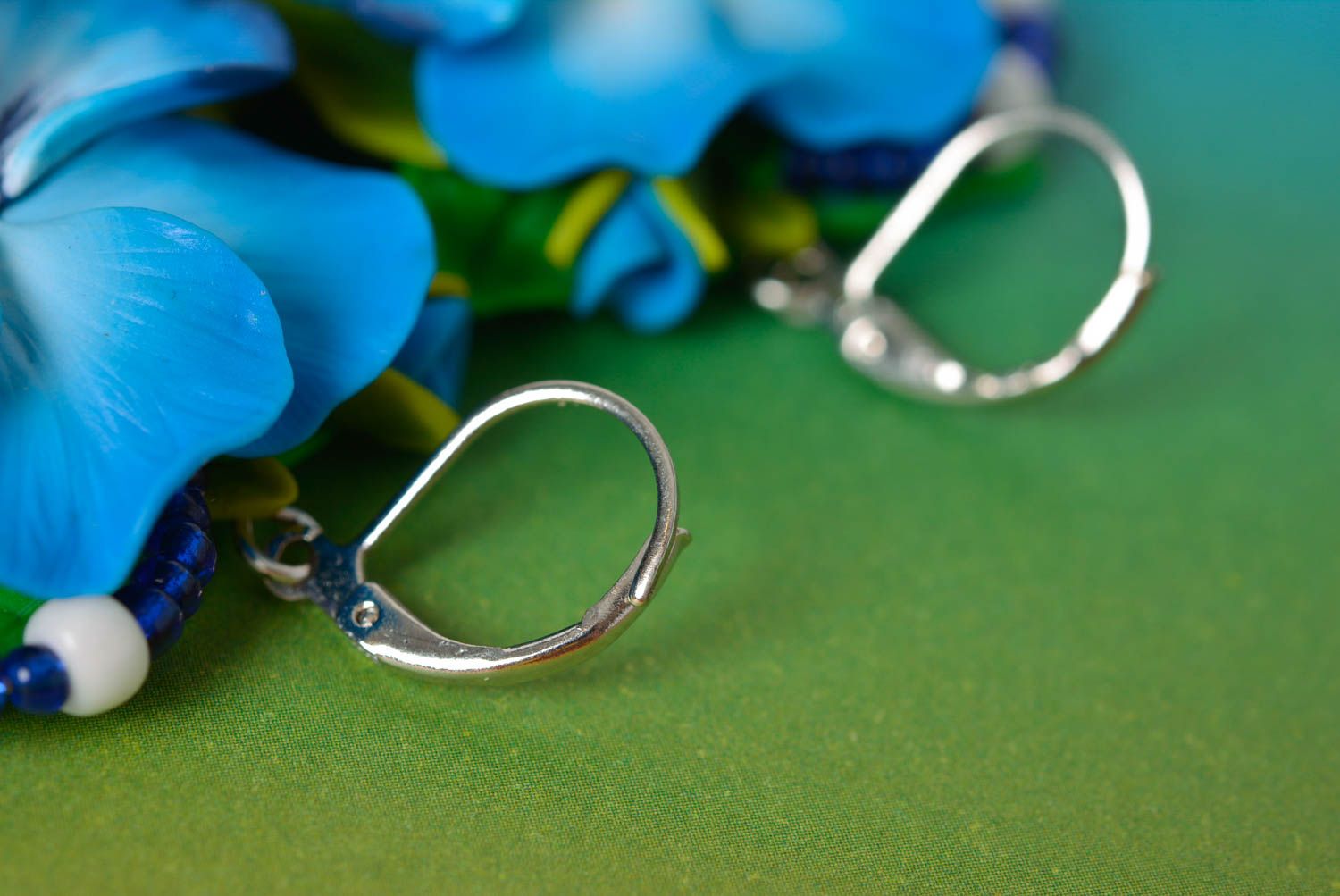 Beautiful blue handmade designer long polymer clay flower earrings photo 5